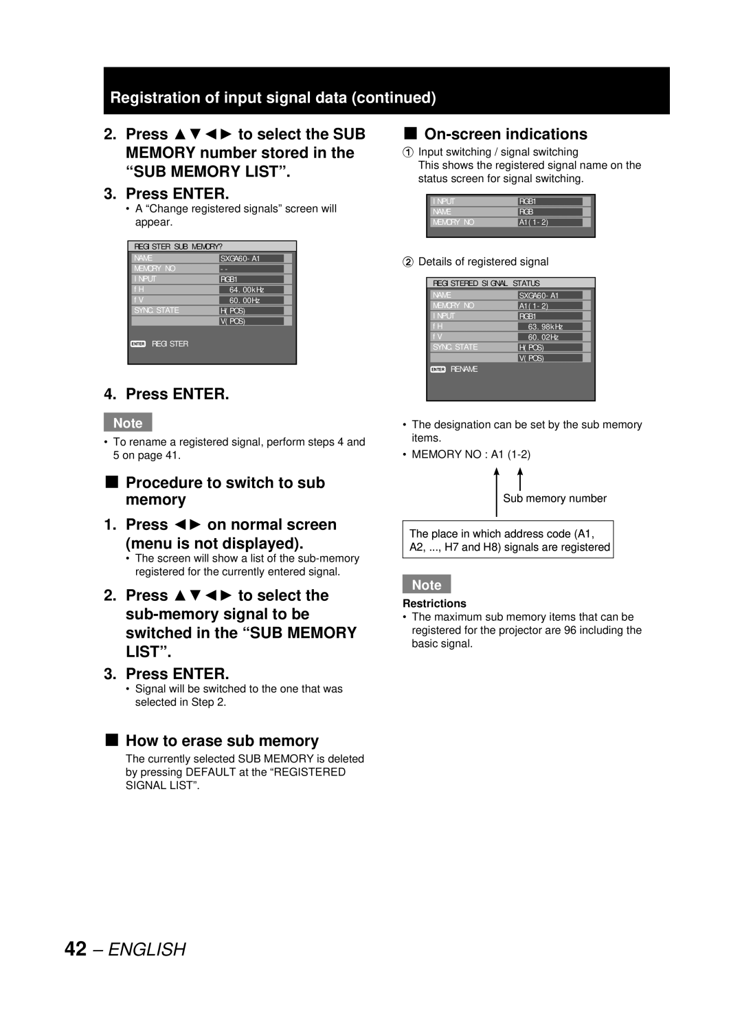 Panasonic DW10000U SUB Memory List, On-screen indications, Procedure to switch to sub memory, How to erase sub memory 