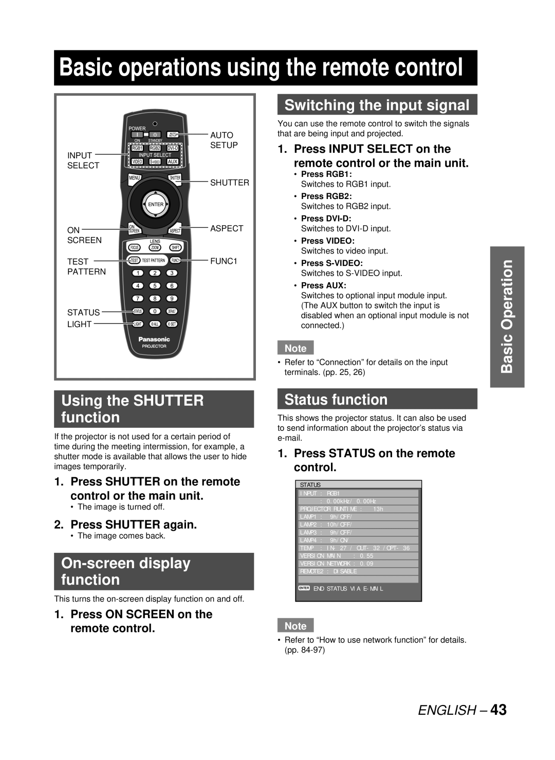 Panasonic PT-D10000U Switching the input signal, Basic Operation Using the Shutter function, On-screen display function 