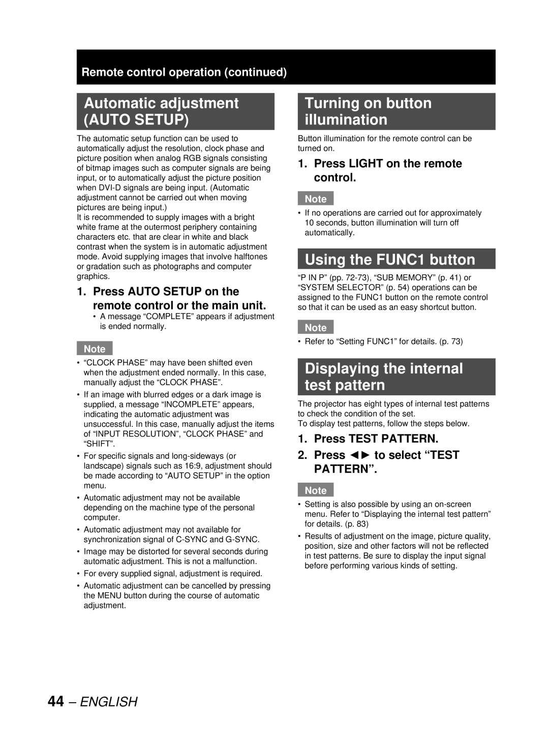 Panasonic DW10000U, PT-D10000U manual Automatic adjustment, Turning on button illumination, Using the FUNC1 button 