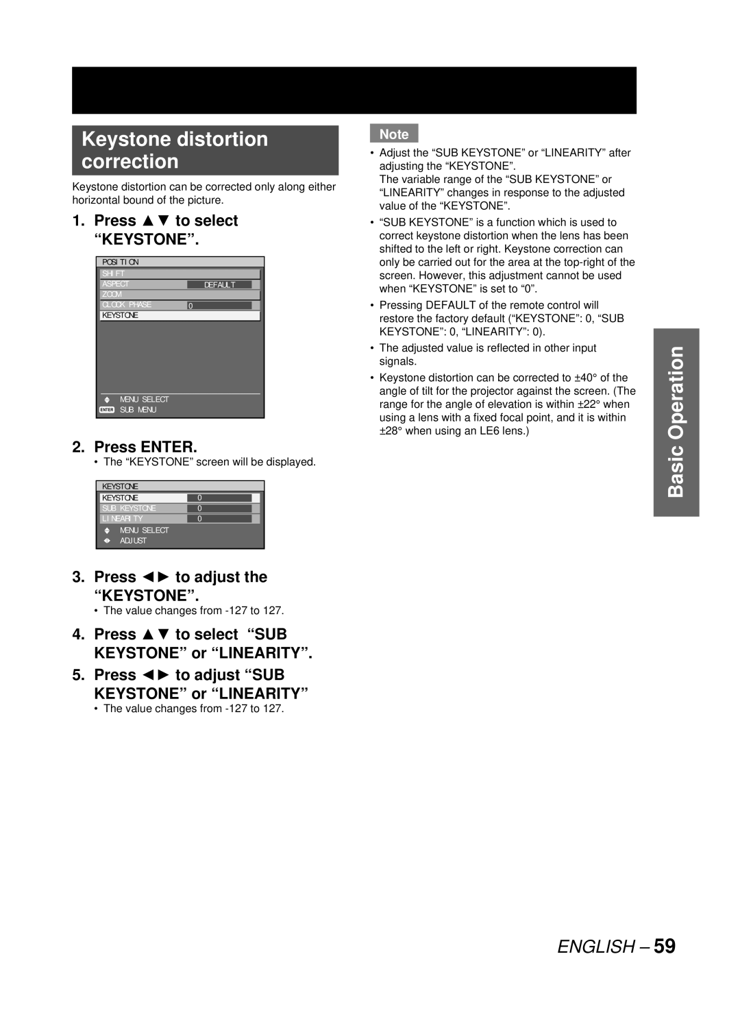 Panasonic PT-D10000U manual Keystonedistortion correction, Press to adjust the Keystone, Keystone screen will be displayed 