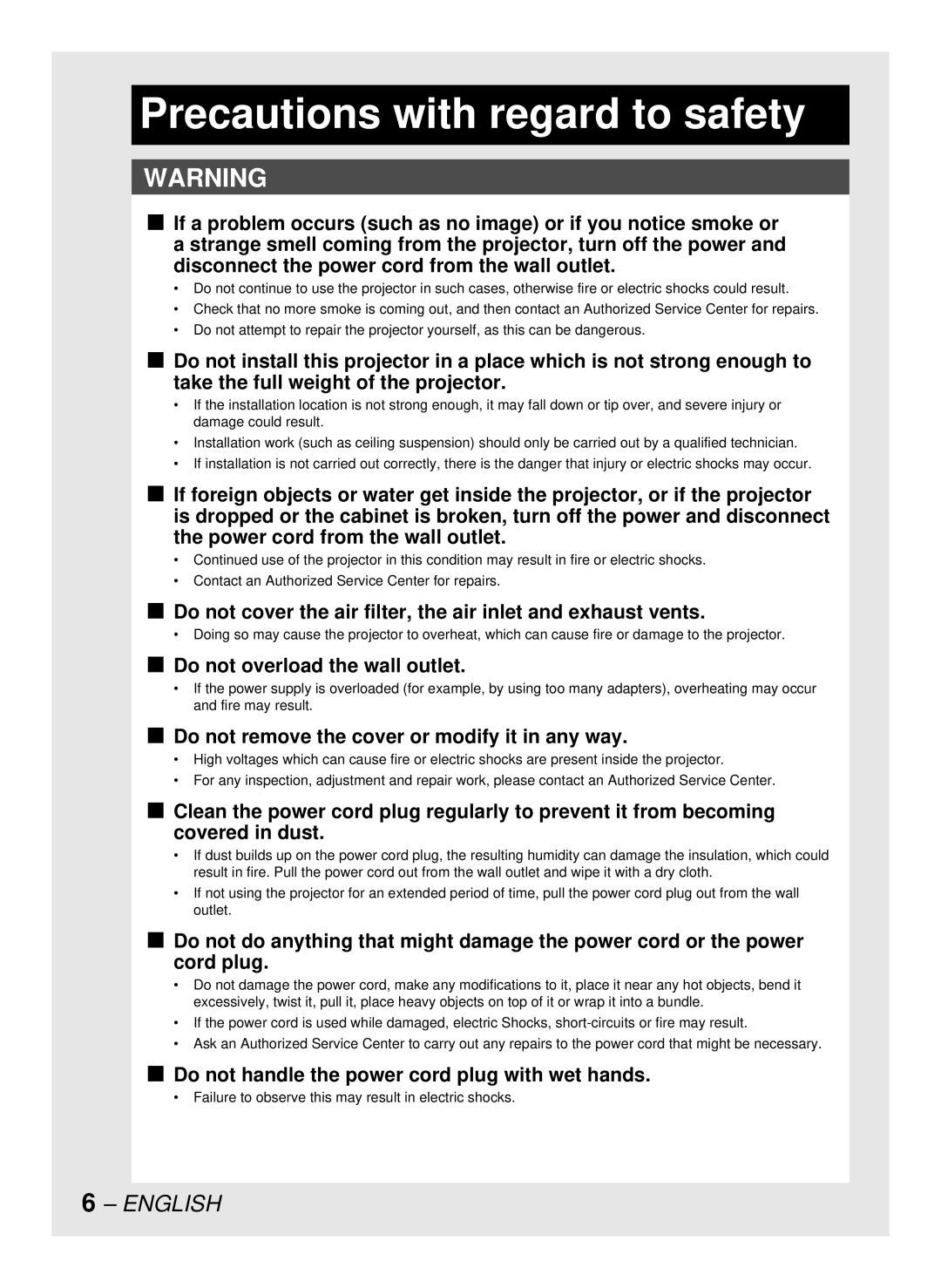 Panasonic DW10000U, PT-D10000U manual Precautions with regard to safety, Do not overload the wall outlet 