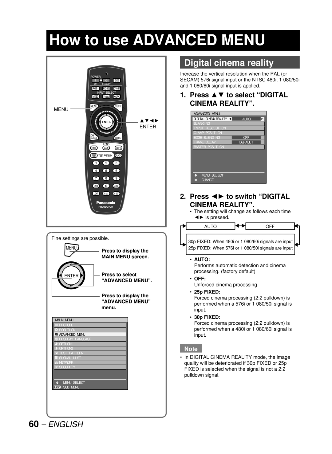 Panasonic DW10000U manual How to use Advanced Menu, Digital cinema reality, Press to switch Digital Cinema Reality, Auto 