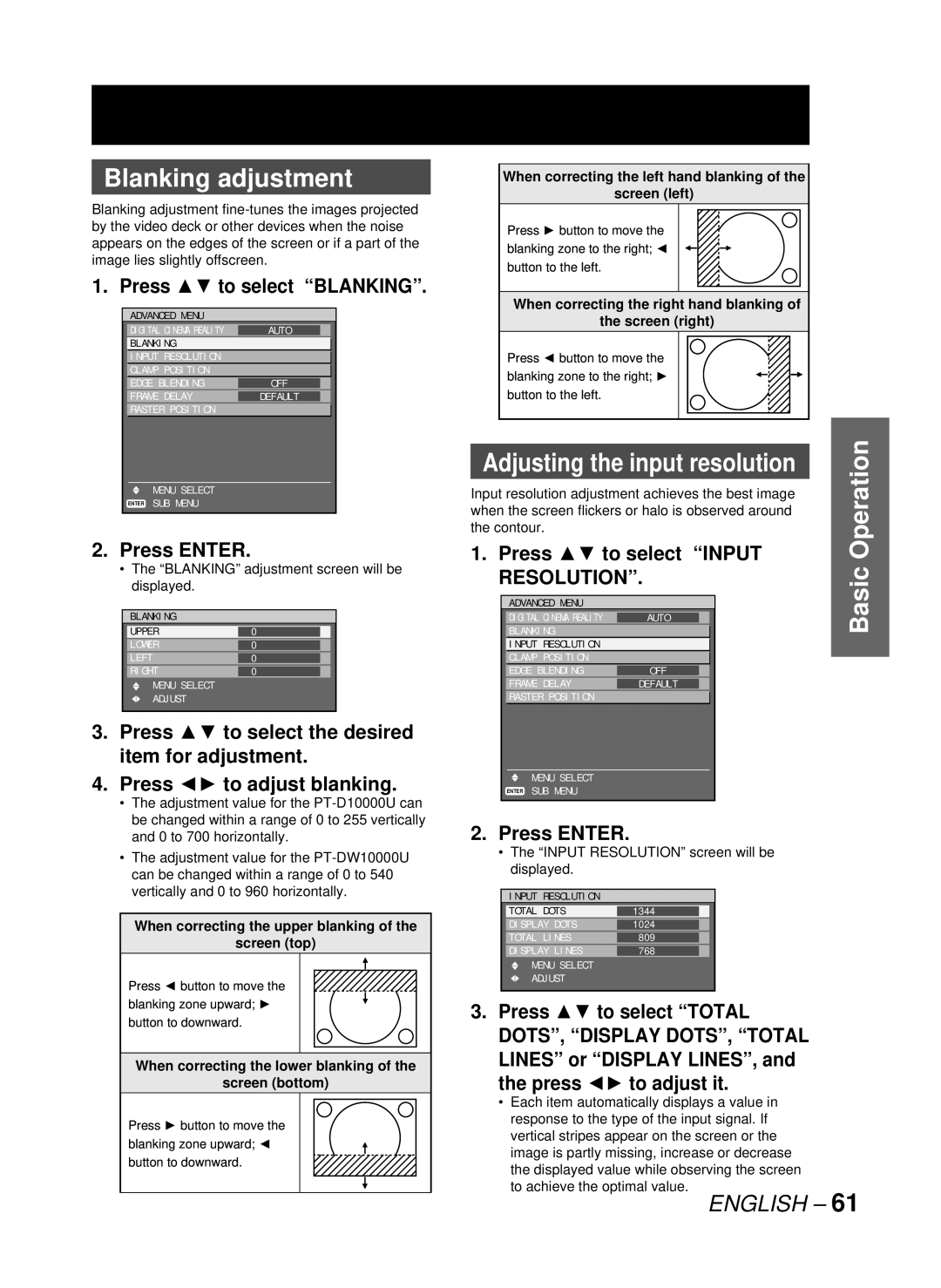 Panasonic PT-D10000U, DW10000U manual Blanking adjustment, Press to select Blanking, Press to select Input Resolution 