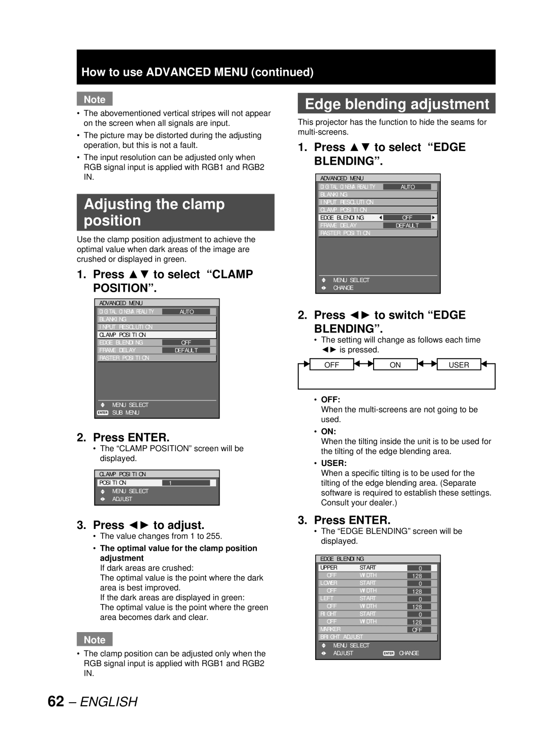 Panasonic DW10000U, PT-D10000U manual Adjusting the clamp position, Edge blending adjustment, Blending 