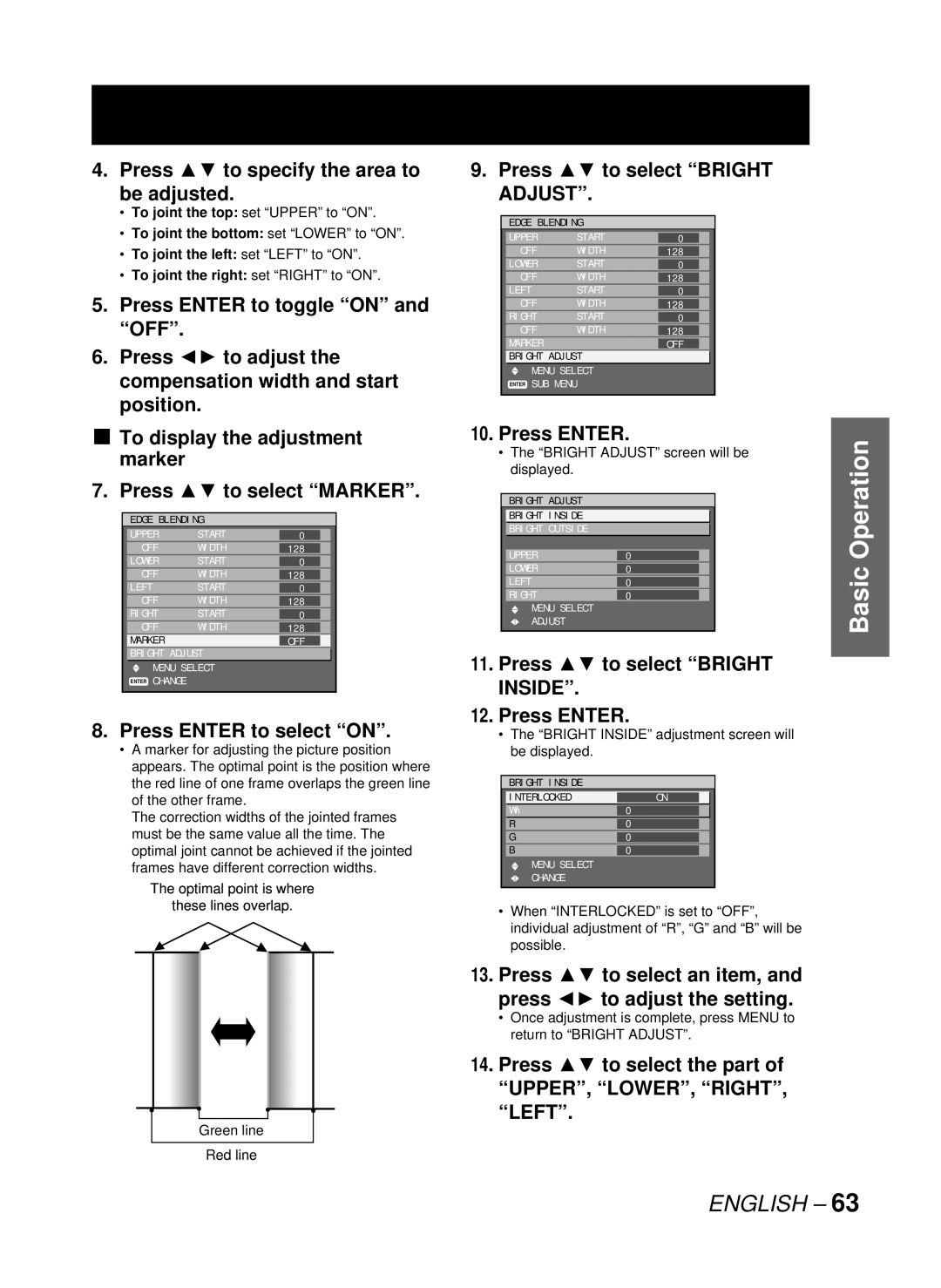 Panasonic PT-D10000U Press to specify the area to be adjusted, Press Enter to select on, Press to select Bright Adjust 