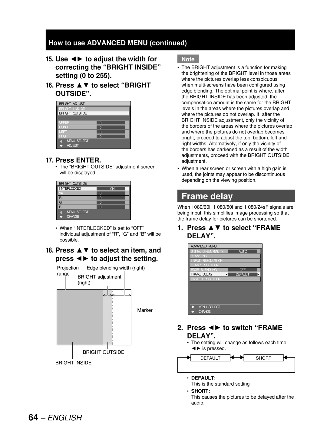 Panasonic DW10000U, PT-D10000U manual Frame delay, Press to select Frame Delay, Press to switch Frame, Short 