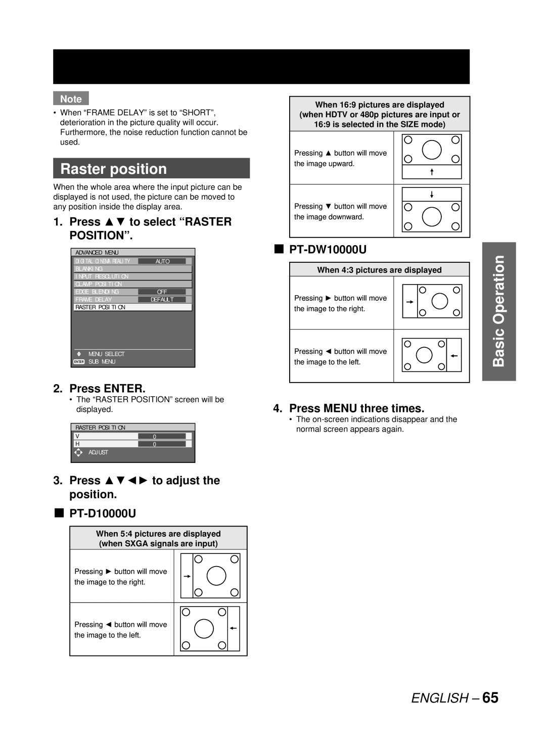 Panasonic manual Raster position, Press to select Raster Position, Press to adjust the position PT-D10000U, PT-DW10000U 