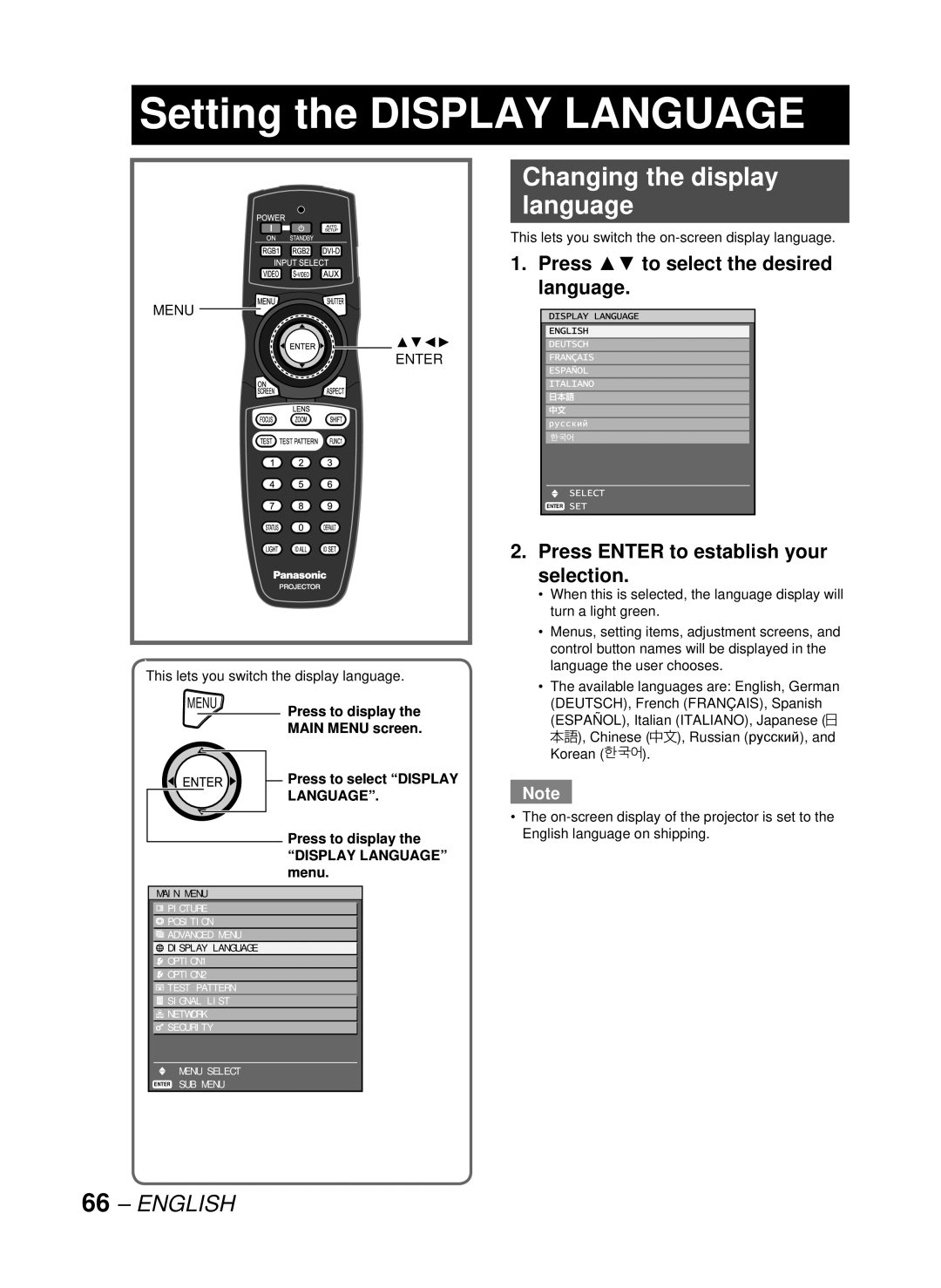 Panasonic DW10000U manual Setting the Display Language, Changing the display language, Press to select the desired language 