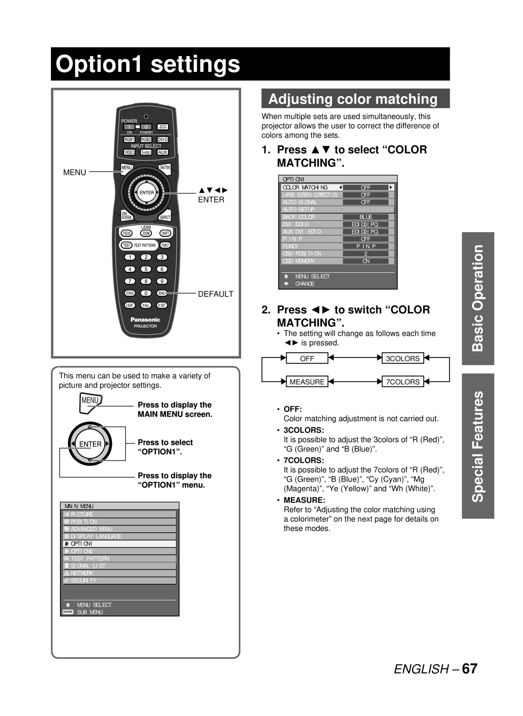 Panasonic PT-D10000U, DW10000U manual Option1 settings, Adjusting color matching, Basic Operation Special Features 