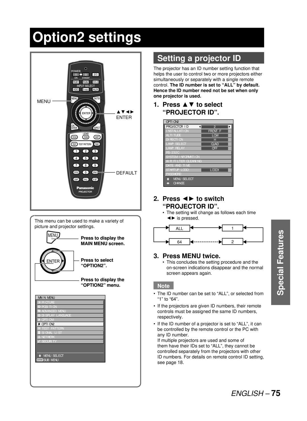 Panasonic PT-D10000U, DW10000U manual Option2 settings, Setting a projector ID, Press Menu twice 