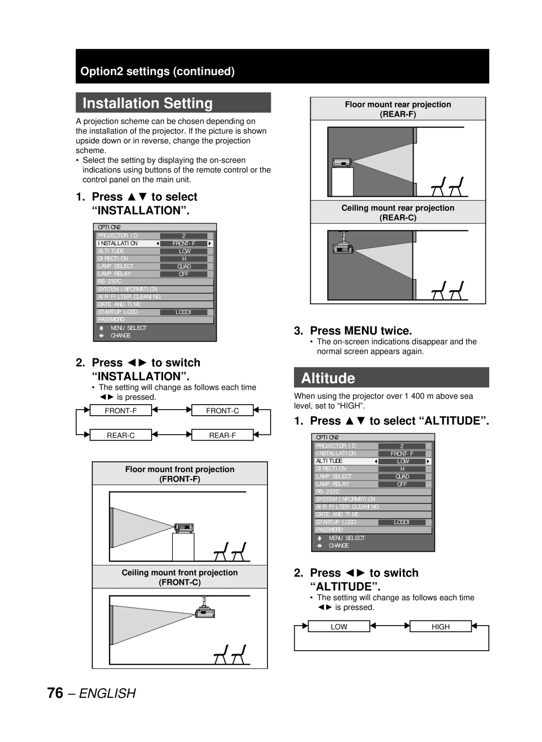 Panasonic DW10000U, PT-D10000U manual Installation Setting, Press to select Altitude 