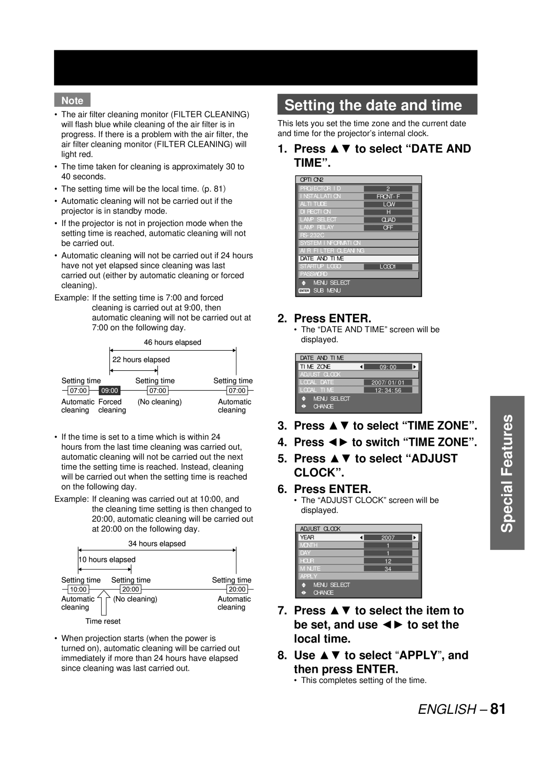 Panasonic PT-D10000U Setting the date and time, Press to select Date and Time, Date and Time screen will be displayed 