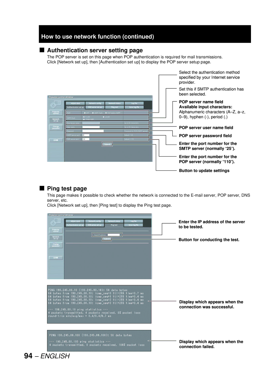 Panasonic DW10000U, PT-D10000U manual Authentication server setting, Ping test 