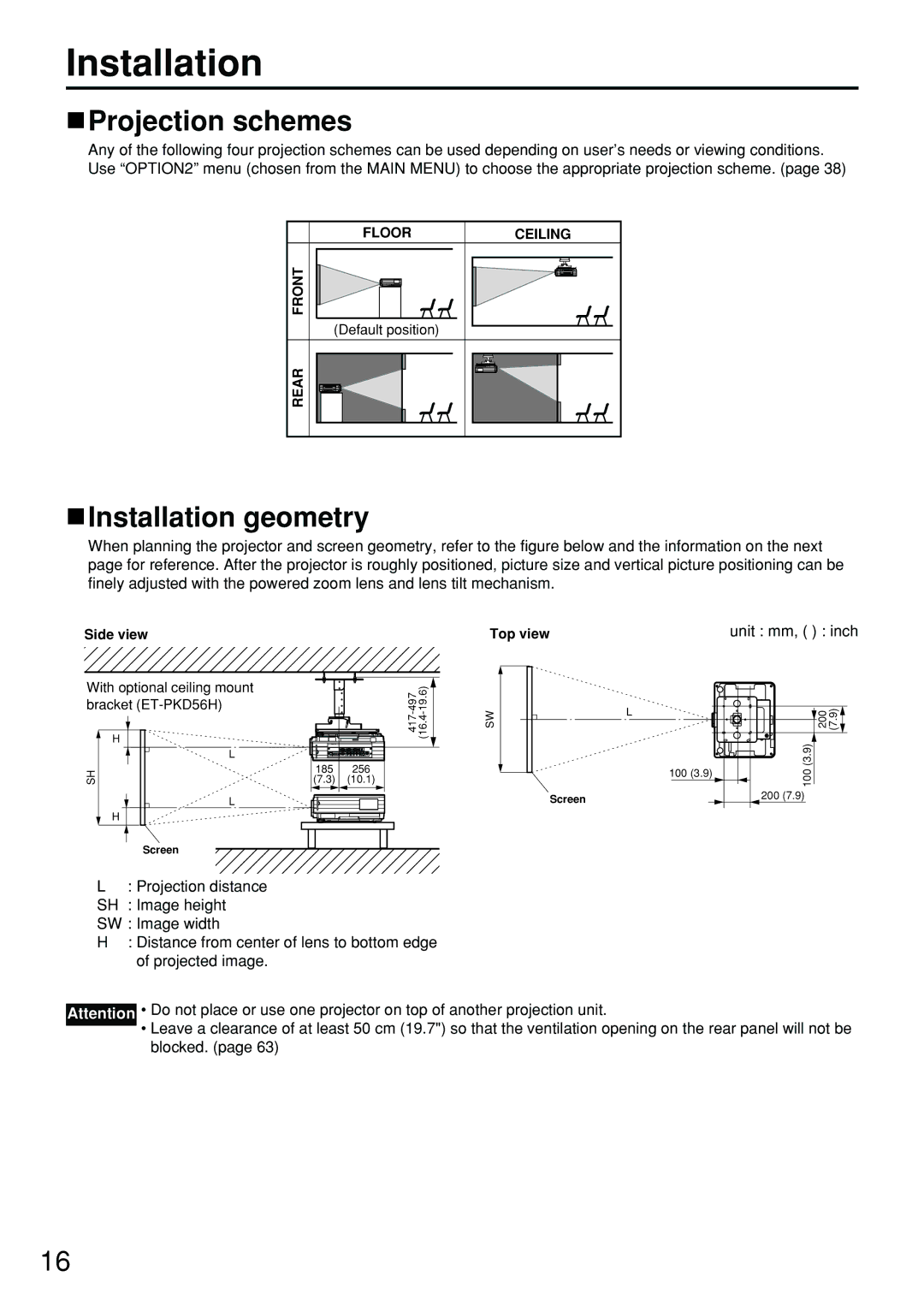 Panasonic DW5100UL, PT-D5700UL, PT-DW5100U operating instructions Projection schemes, Installation geometry 