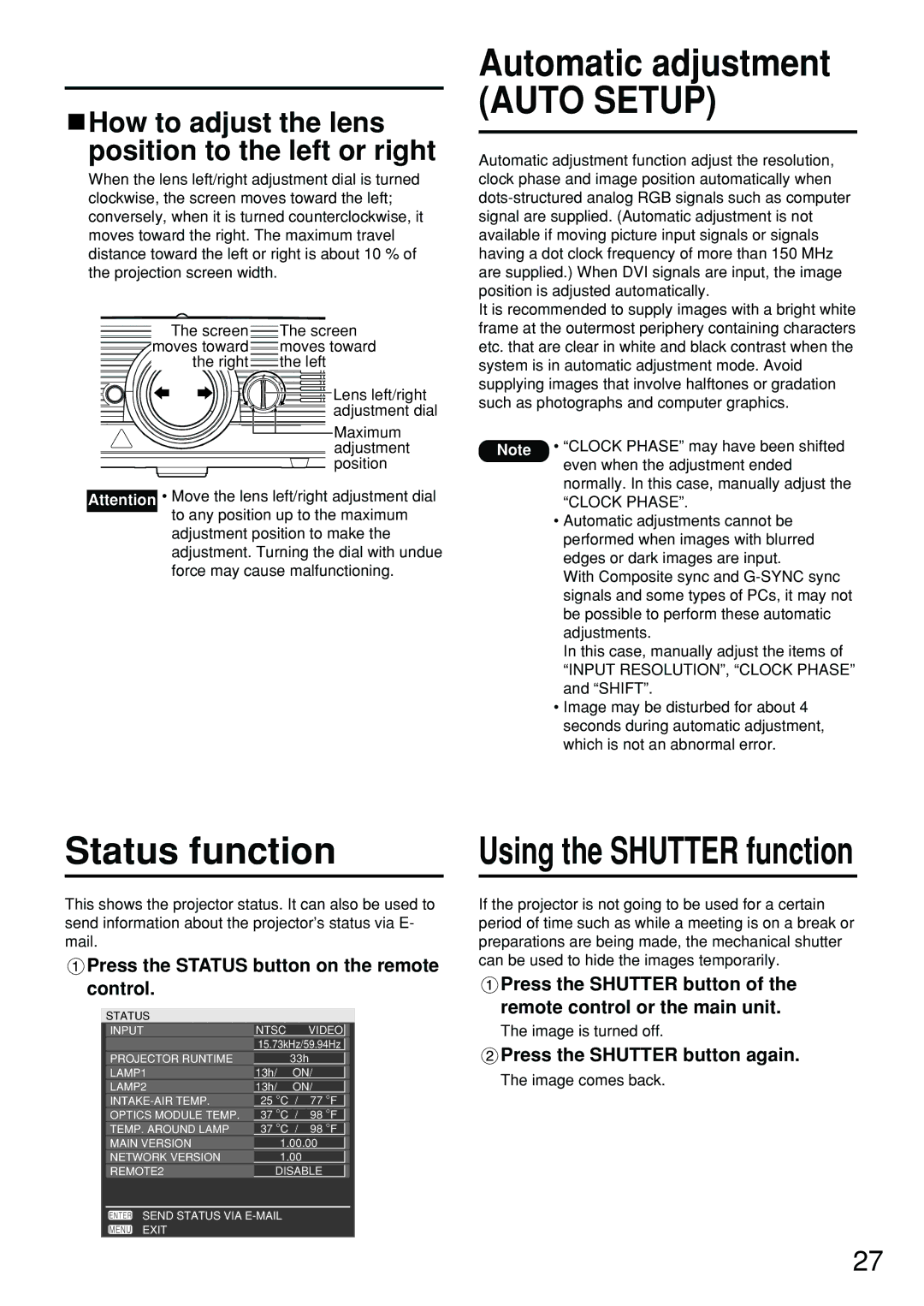 Panasonic PT-DW5100U, DW5100UL Automatic adjustment, Status function, Press the Status button on the remote control 