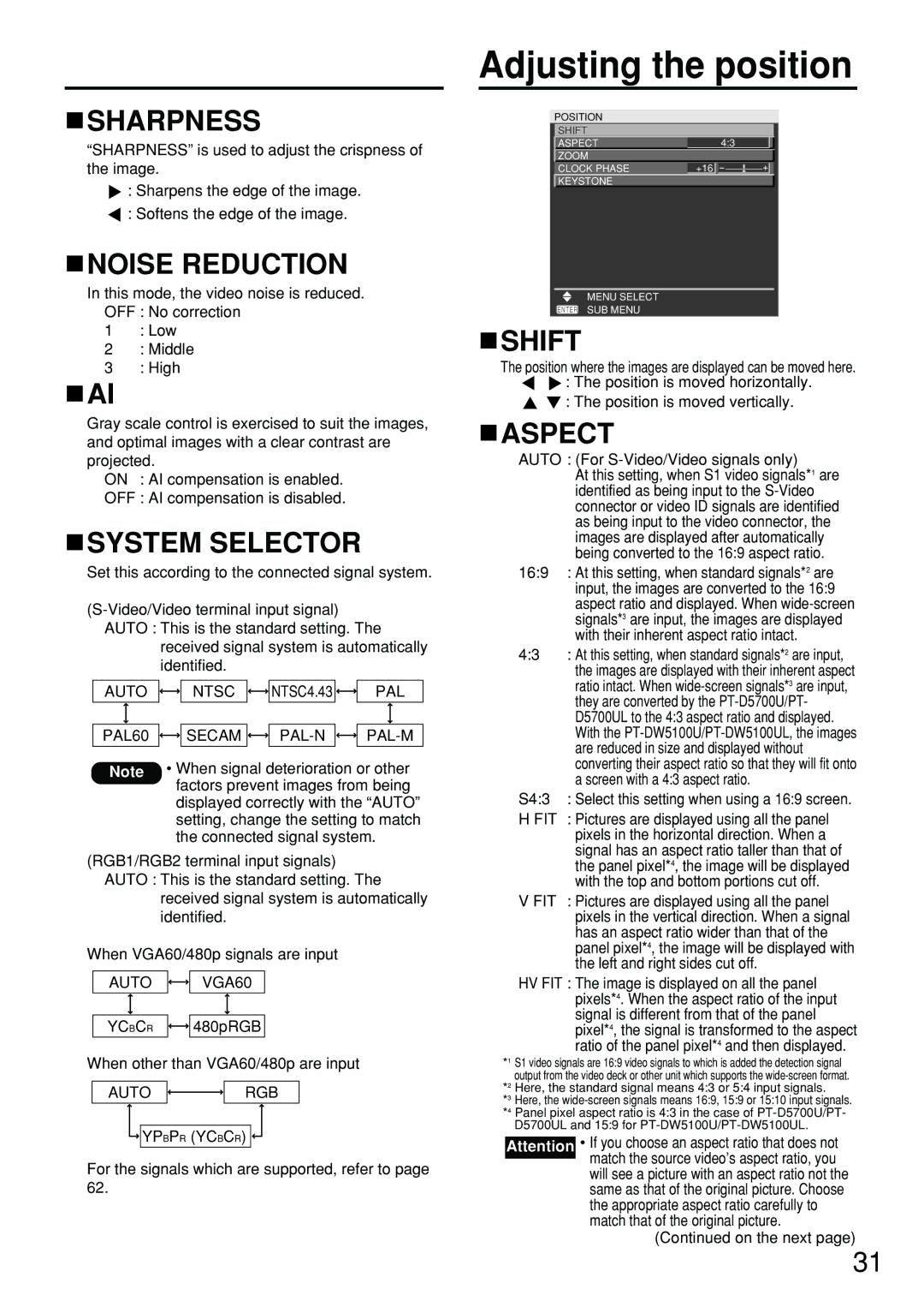 Panasonic PT-DW5100U, DW5100UL, PT-D5700UL operating instructions Adjusting the position 