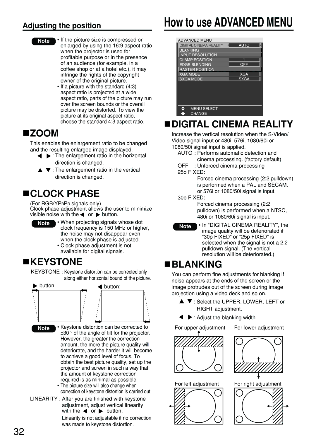 Panasonic DW5100UL, PT-D5700UL, PT-DW5100U Zoom, Clock Phase, Keystone, Digital Cinema Reality, Blanking 