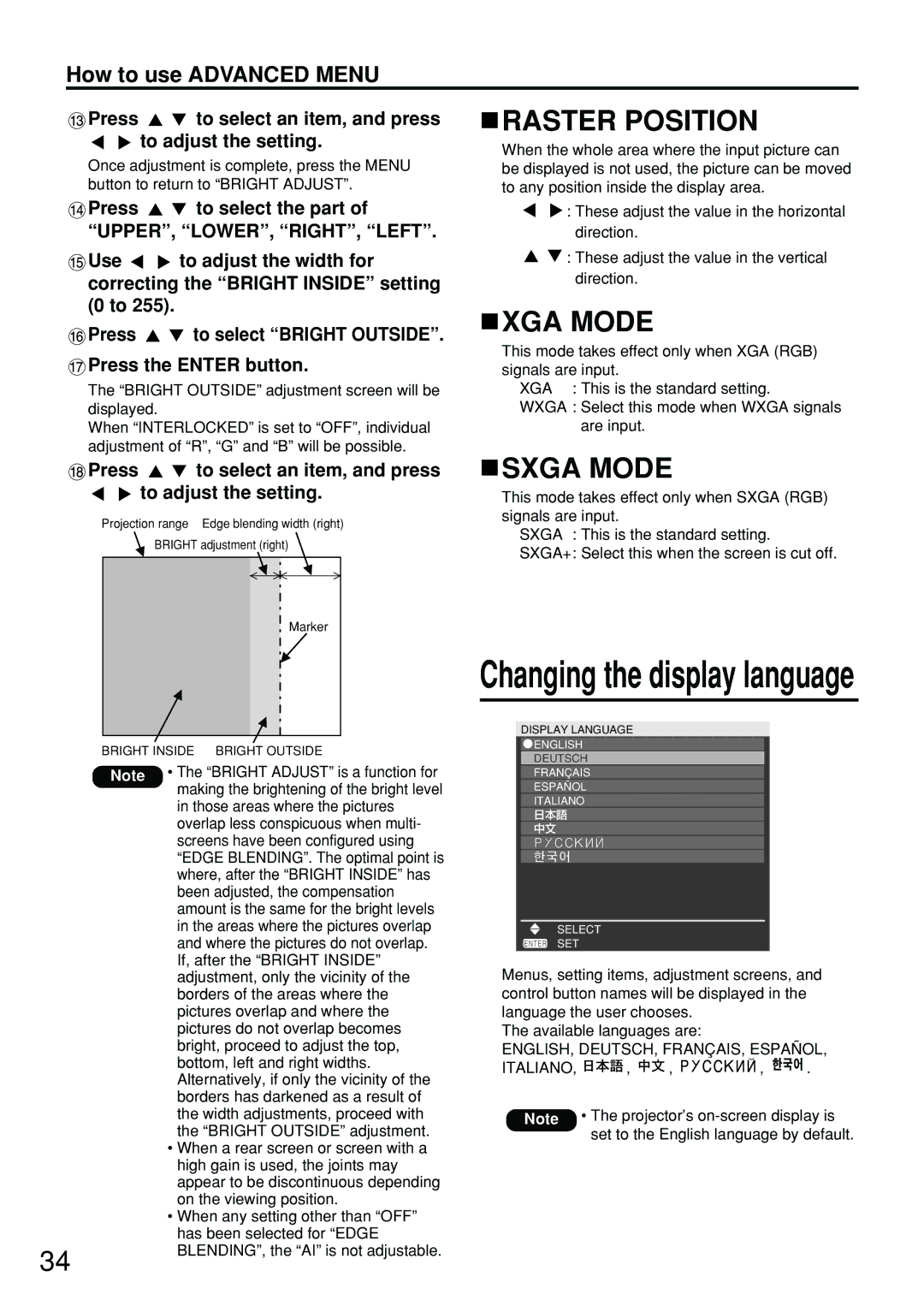 Panasonic PT-D5700UL Raster Position, XGA Mode, Sxga Mode, Press to select an item, and press to adjust the setting 