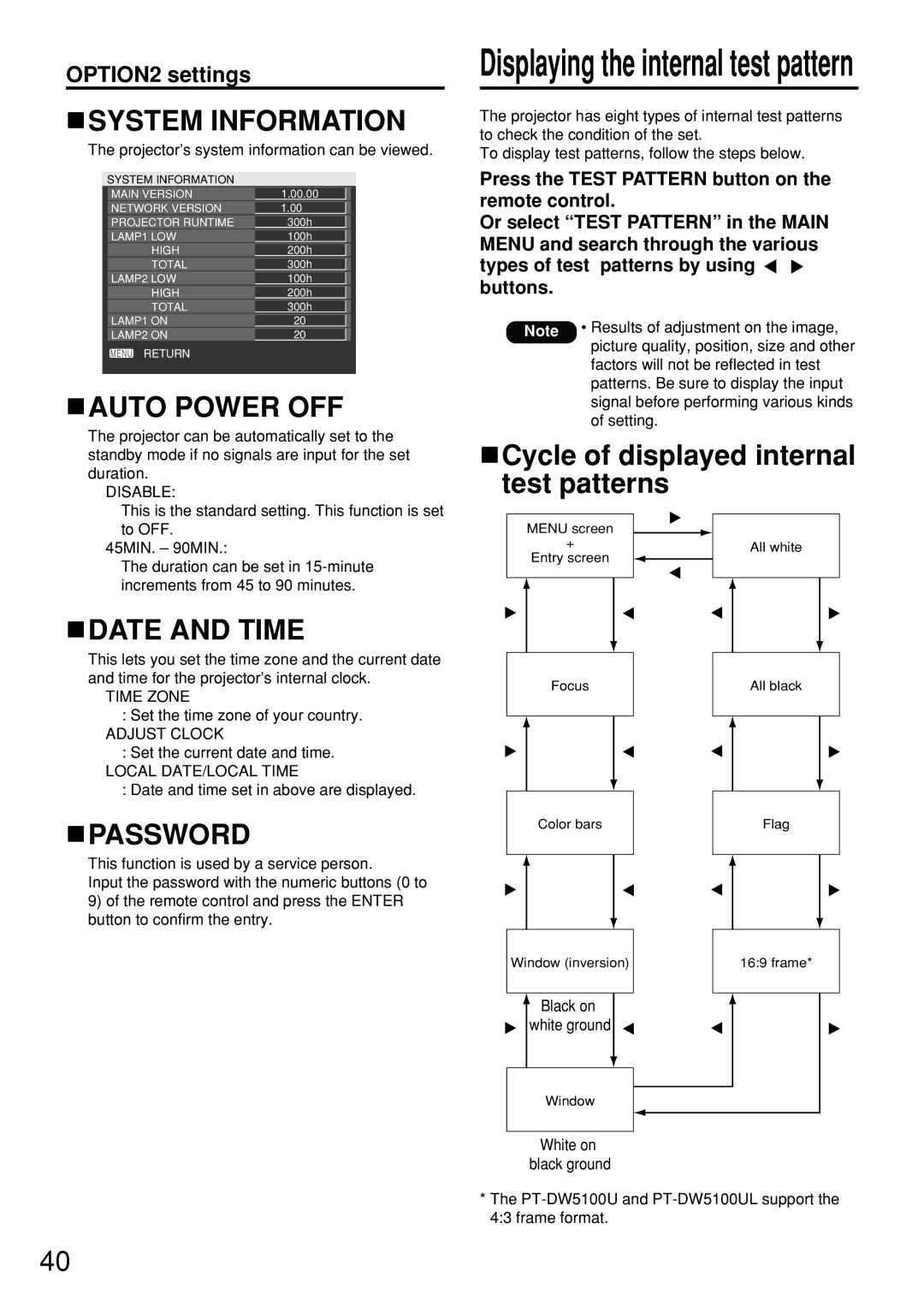 Panasonic DW5100UL System Information, Auto Power OFF, Cycle of displayed internal test patterns, Date and Time, Password 