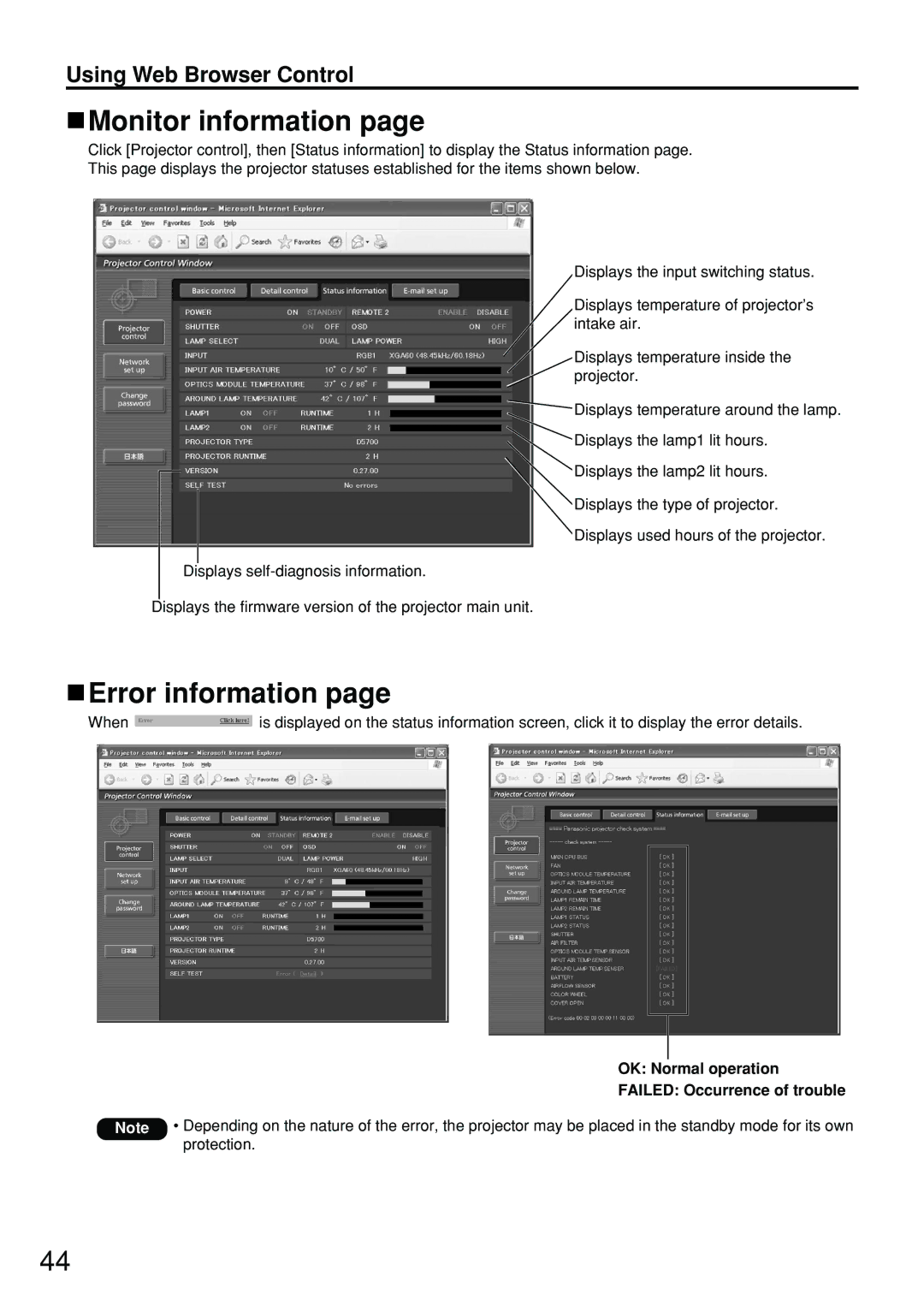 Panasonic DW5100UL, PT-D5700U Monitor information, Error information, OK Normal operation Failed Occurrence of trouble 