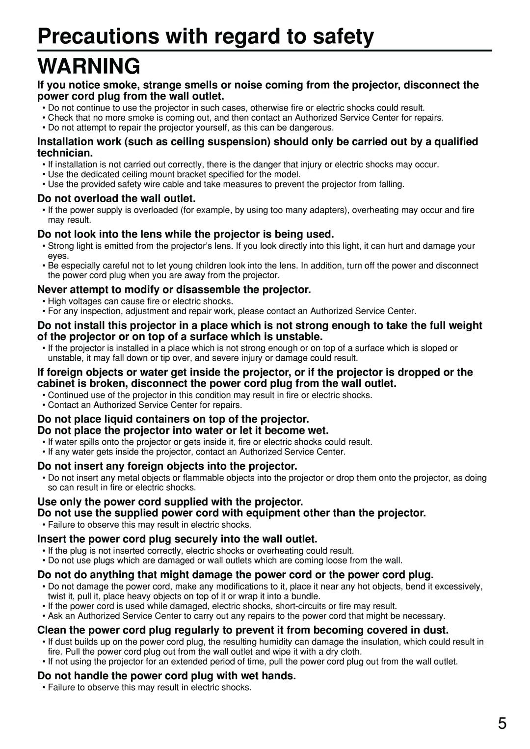 Panasonic DW5100UL, PT-D5700UL, PT-DW5100U operating instructions Precautions with regard to safety 