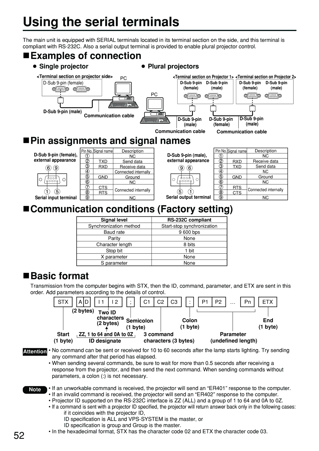 Panasonic DW5100UL Using the serial terminals, Examples of connection, Pin assignments and signal names, Basic format 