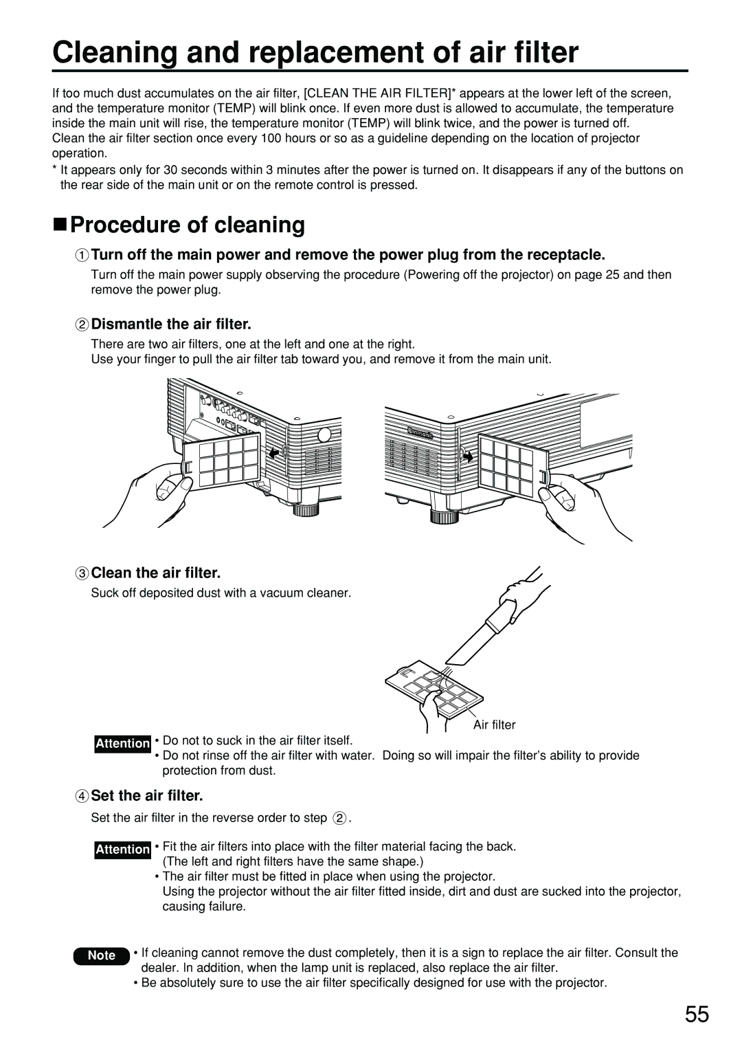 Panasonic PT-DW5100U, DW5100UL Cleaning and replacement of air filter, Procedure of cleaning, Dismantle the air filter 