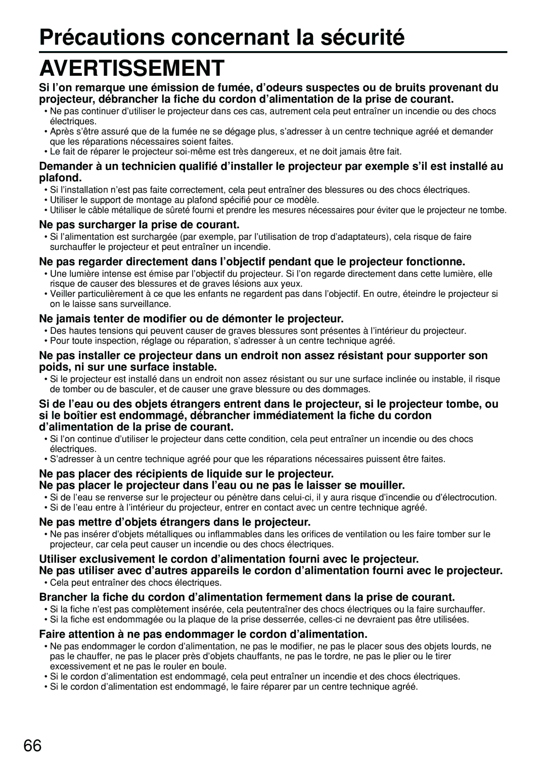 Panasonic PT-D5700UL, DW5100UL, PT-DW5100U Précautions concernant la sécurité, Ne pas surcharger la prise de courant 