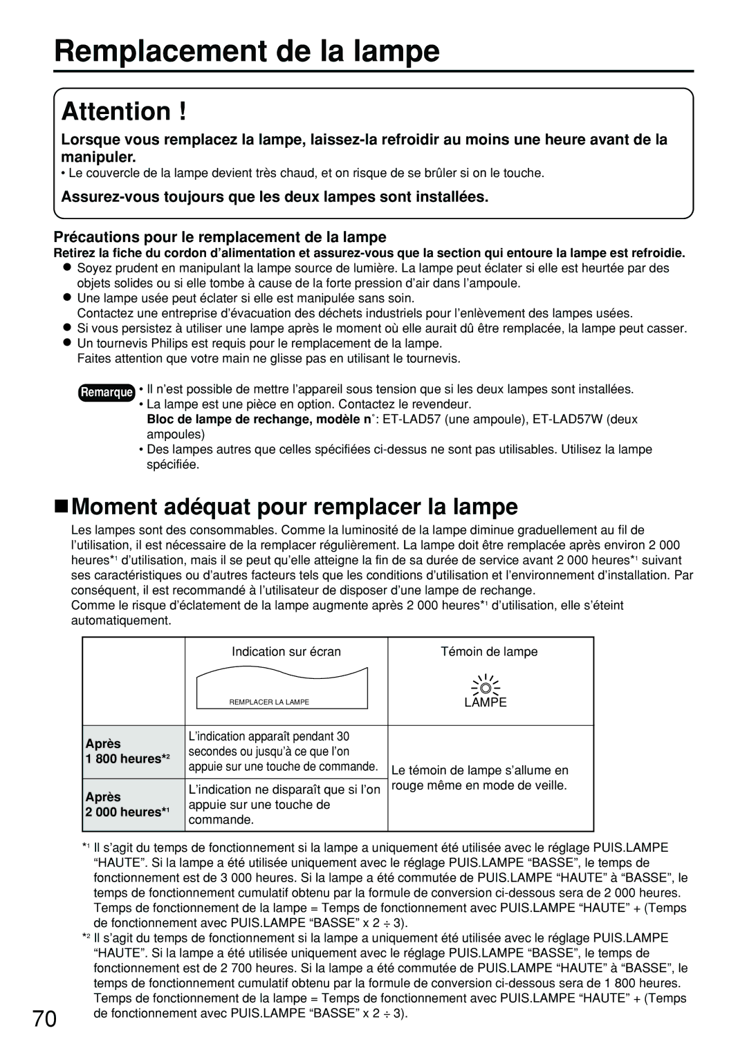 Panasonic PT-D5700UL, DW5100UL Remplacement de la lampe, Moment adéquat pour remplacer la lampe, Après, Heures*2, Heures*1 