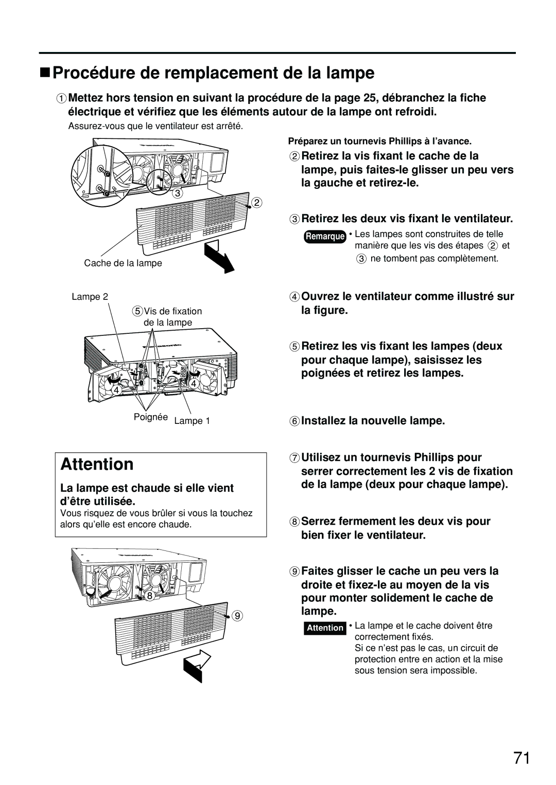 Panasonic PT-DW5100U, DW5100UL Procédure de remplacement de la lampe, La lampe est chaude si elle vient d’être utilisée 