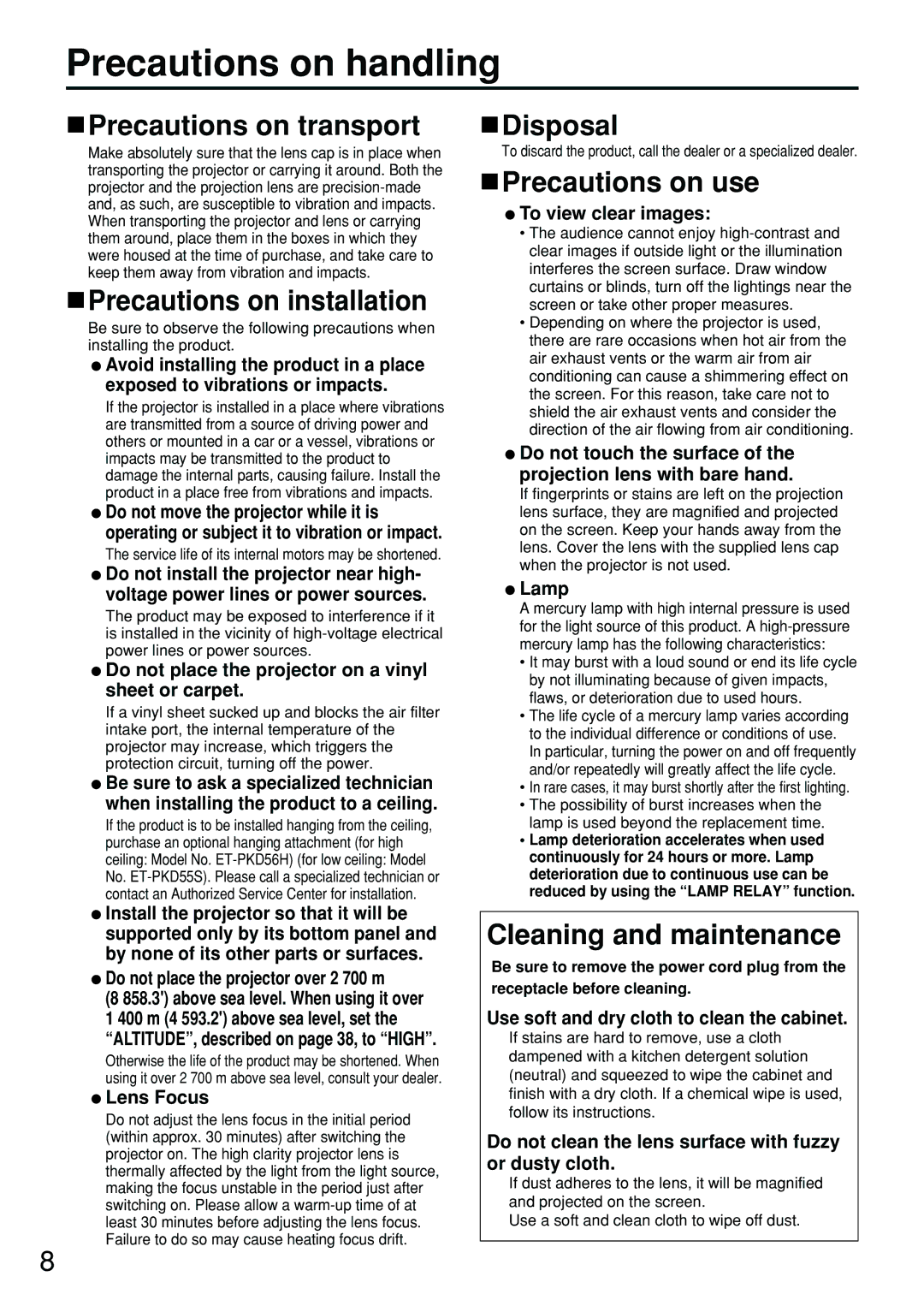 Panasonic DW5100UL, PT-D5700UL, PT-DW5100U operating instructions Precautions on handling 