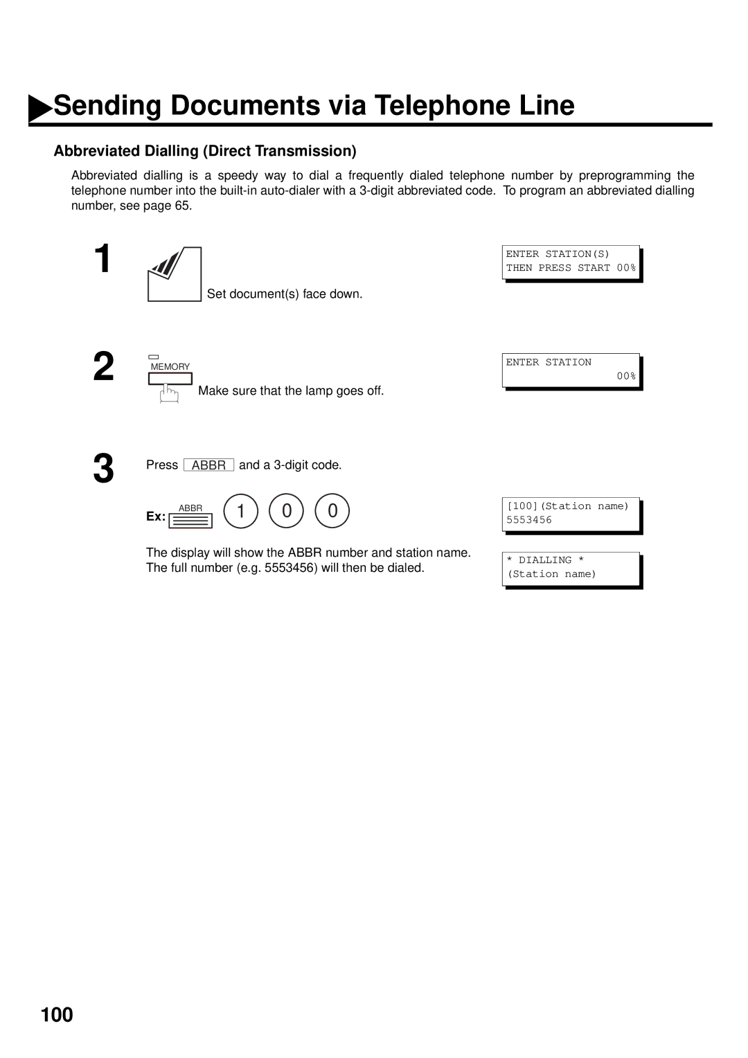 Panasonic DX-2000 manual Abbreviated Dialling Direct Transmission, Make sure that the lamp goes off Press A 3-digit code 