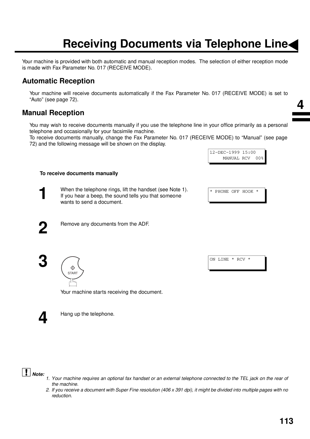 Panasonic DX-2000 manual Receiving Documents via Telephone Line, Automatic Reception, Manual Reception 