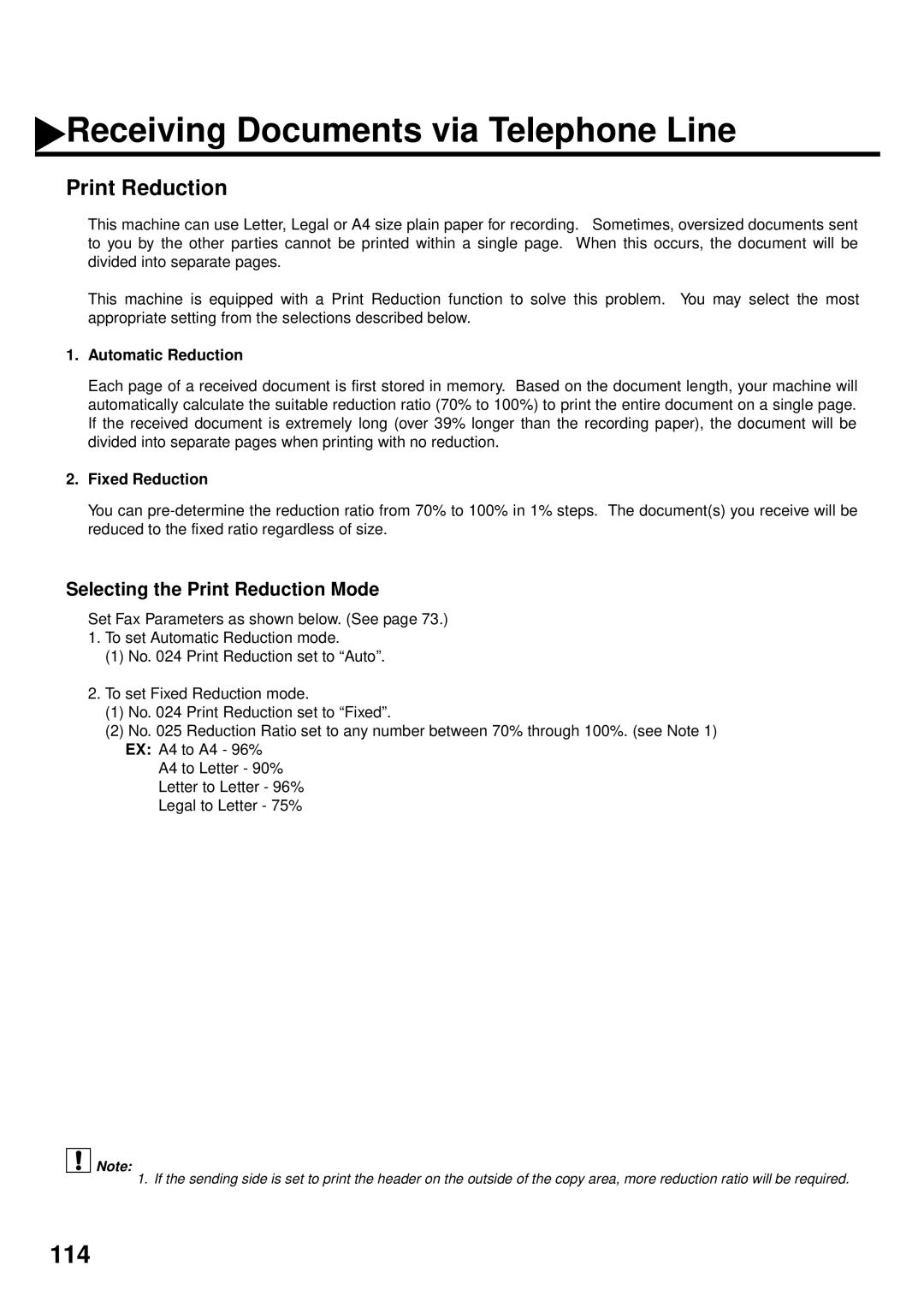 Panasonic DX-2000 manual Selecting the Print Reduction Mode, Automatic Reduction, Fixed Reduction 