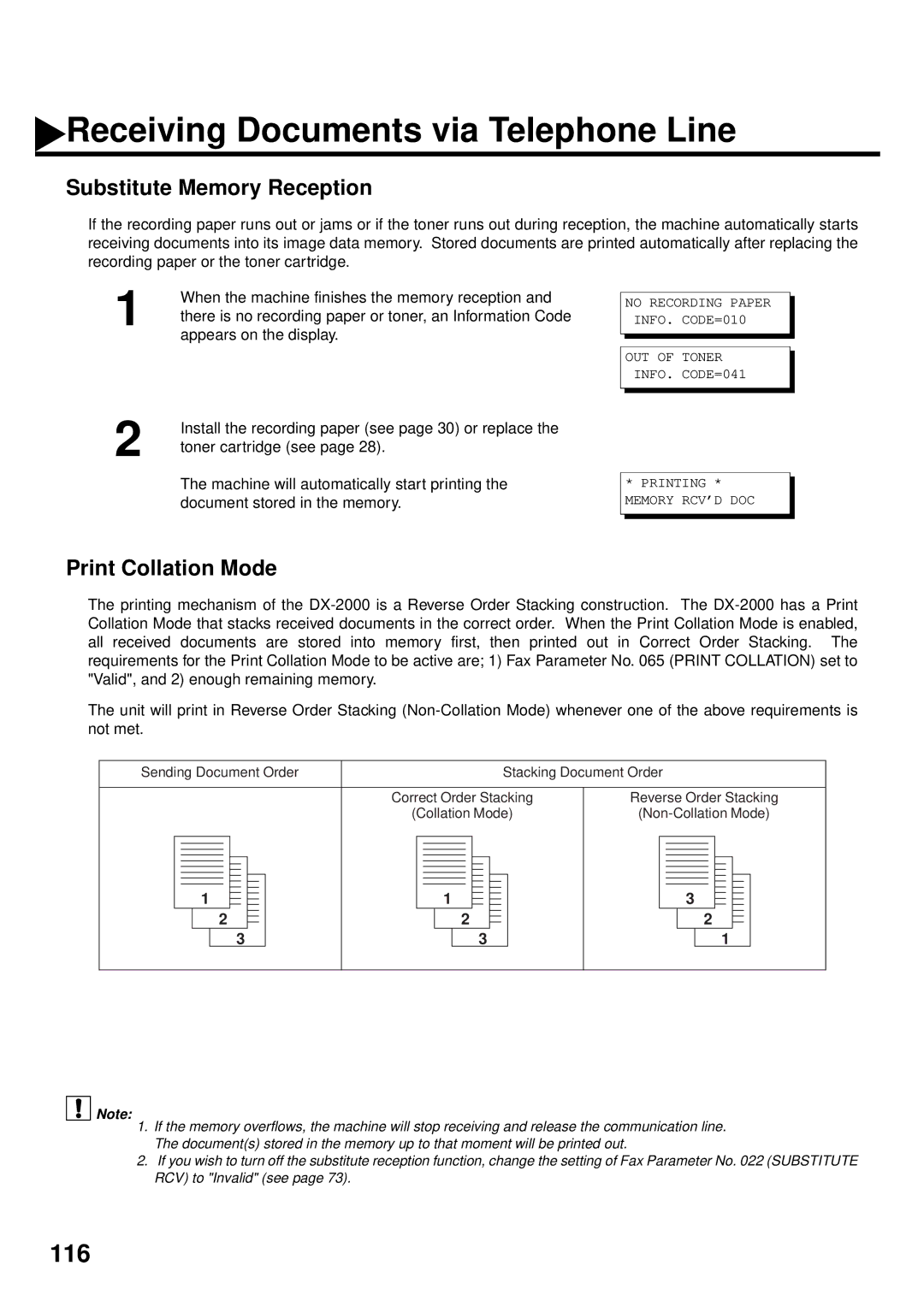 Panasonic DX-2000 manual Substitute Memory Reception, Print Collation Mode 