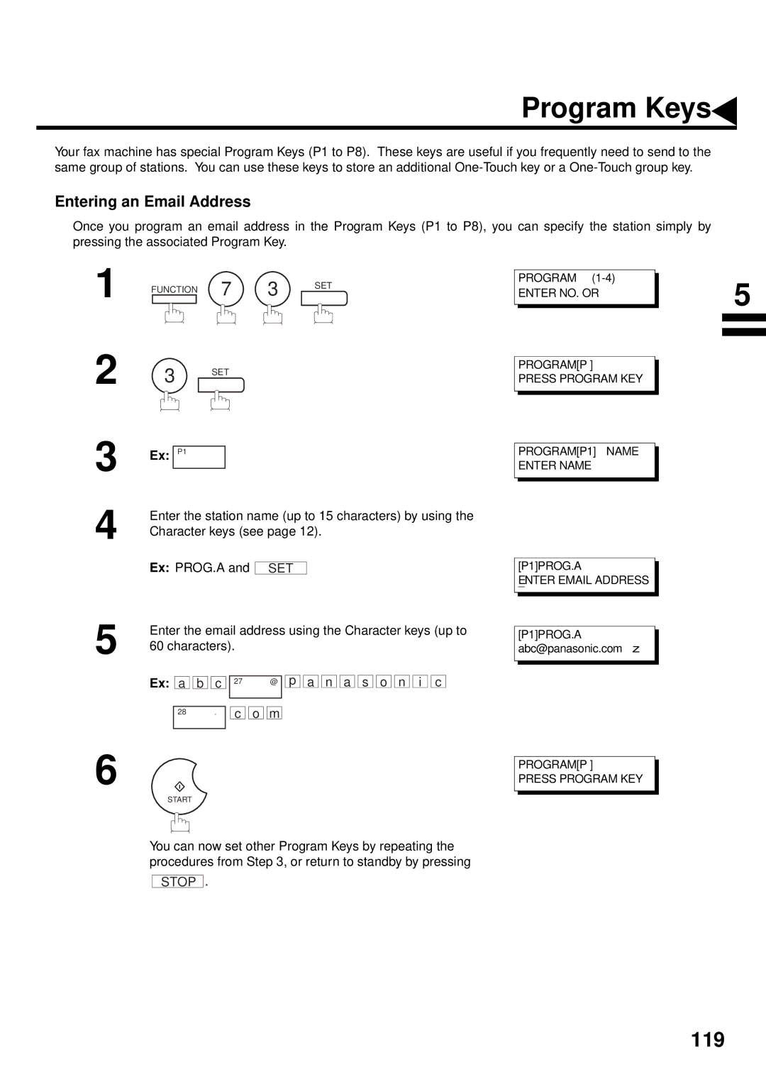 Panasonic DX-2000 manual Program Keys, Entering an Email Address, Ex P1 