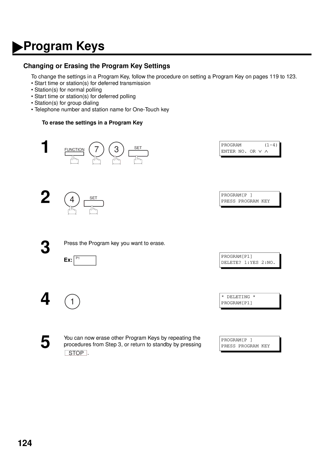 Panasonic DX-2000 manual Changing or Erasing the Program Key Settings, To erase the settings in a Program Key 