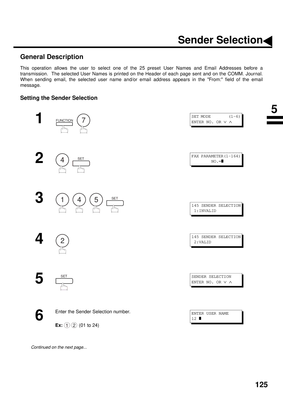 Panasonic DX-2000 General Description, Setting the Sender Selection, Enter the Sender Selection number Ex 1 2 01 to 