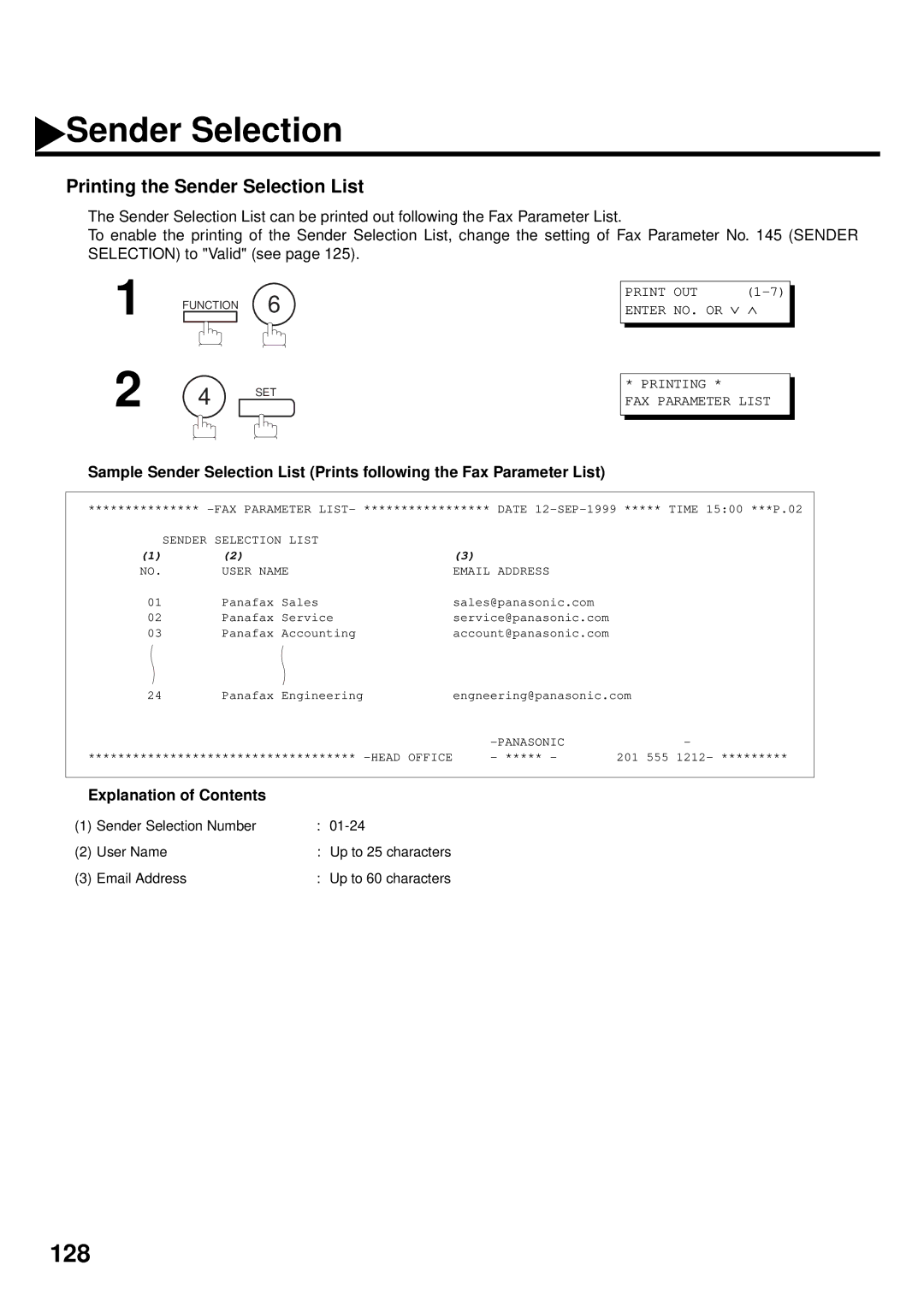 Panasonic DX-2000 manual Printing the Sender Selection List, Sender Selection List User Name Email Address 