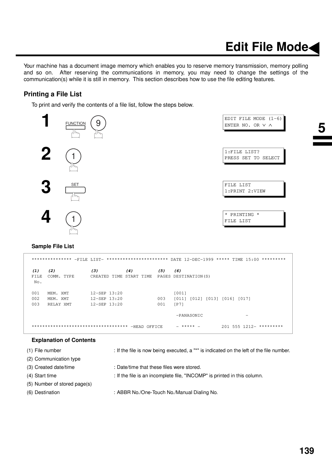 Panasonic DX-2000 manual Edit File Mode, Printing a File List, Sample File List 