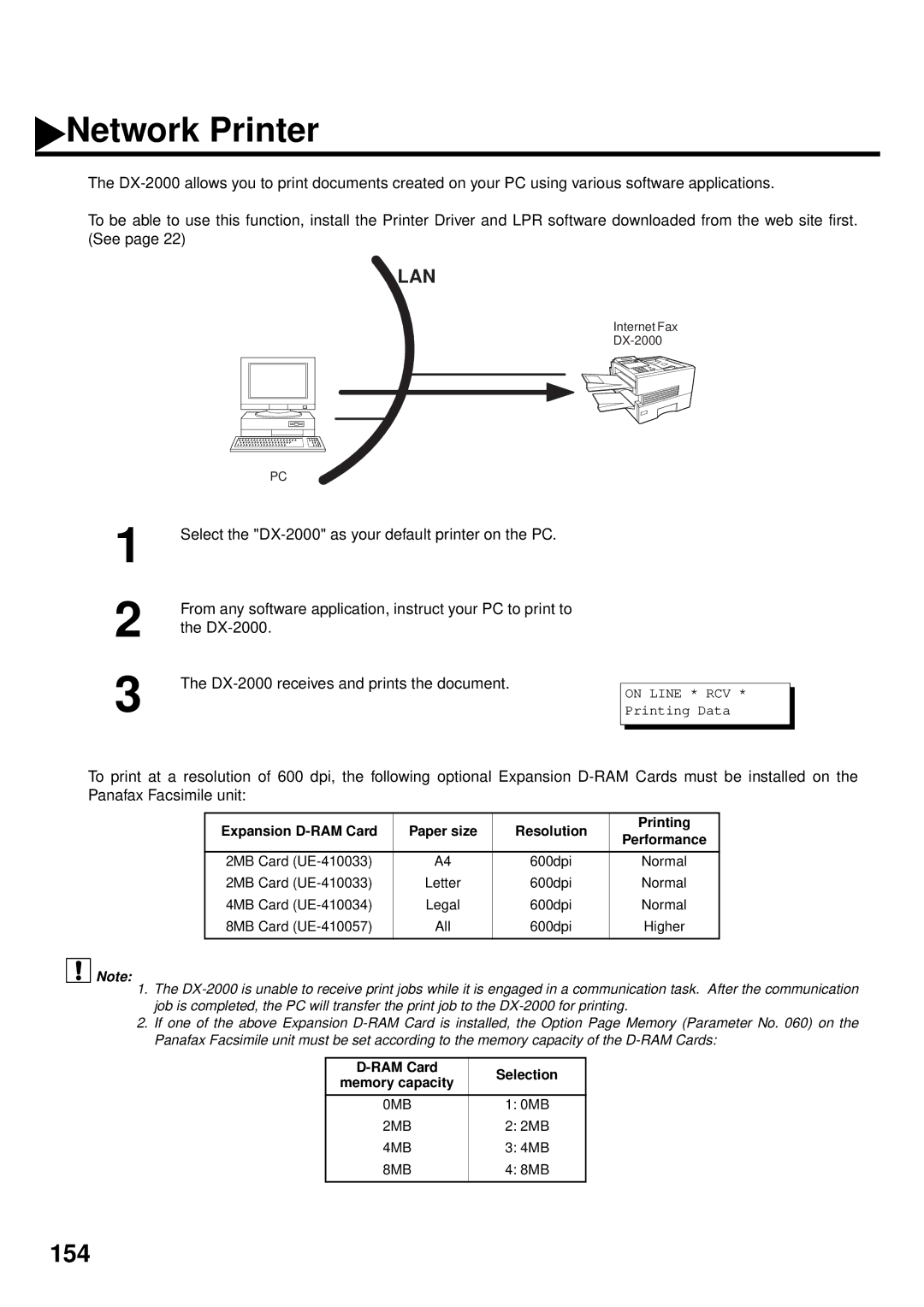 Panasonic DX-2000 manual Network Printer, Expansion D-RAM Card Paper size Resolution Printing 