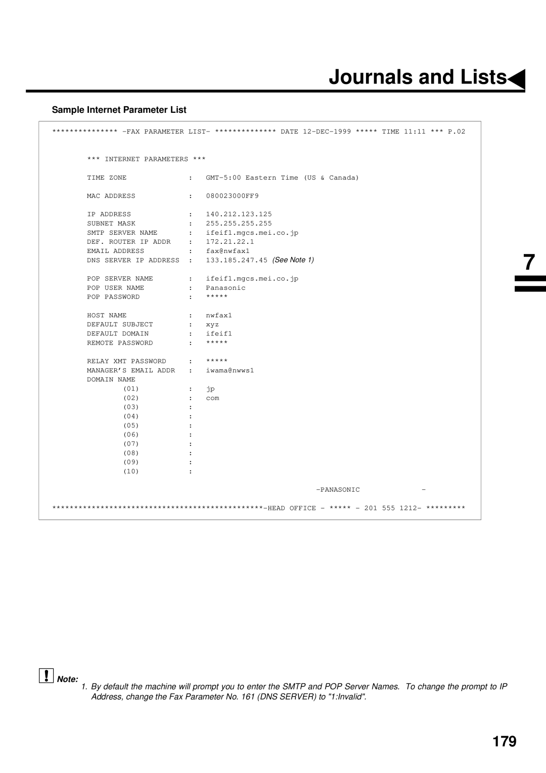 Panasonic DX-2000 manual Sample Internet Parameter List 