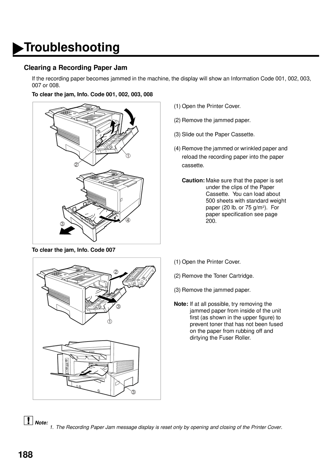 Panasonic DX-2000 manual Clearing a Recording Paper Jam, To clear the jam, Info. Code 001, 002, 003 