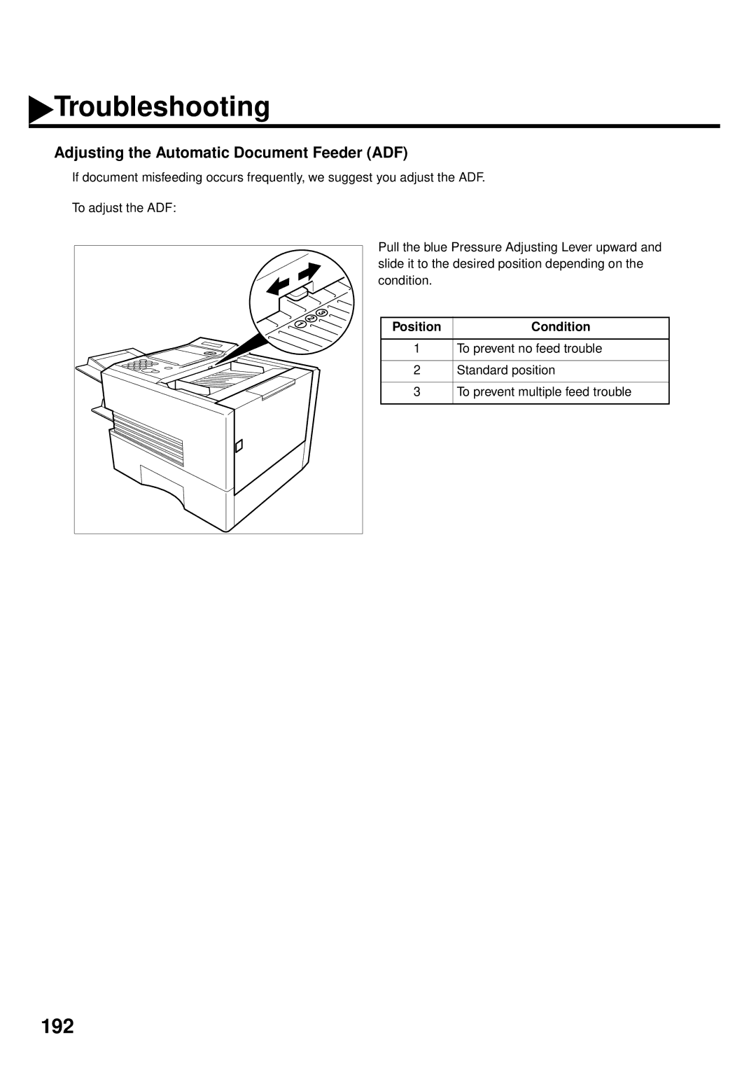 Panasonic DX-2000 manual Adjusting the Automatic Document Feeder ADF, Position Condition, To prevent no feed trouble 