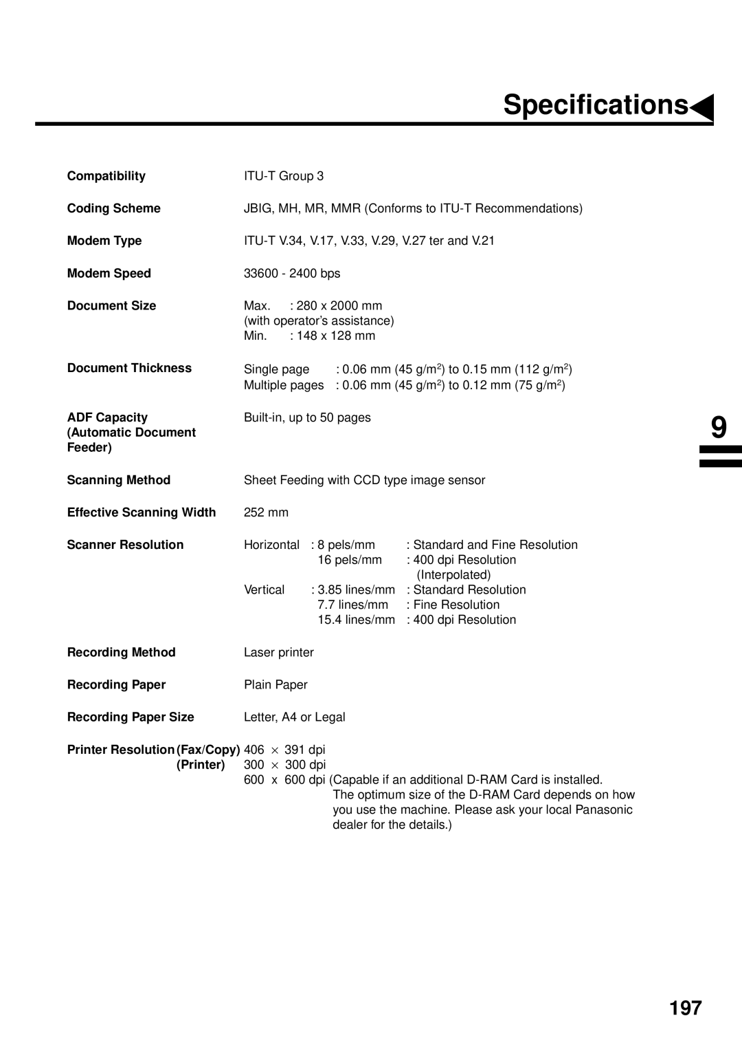 Panasonic DX-2000 manual Specifications 