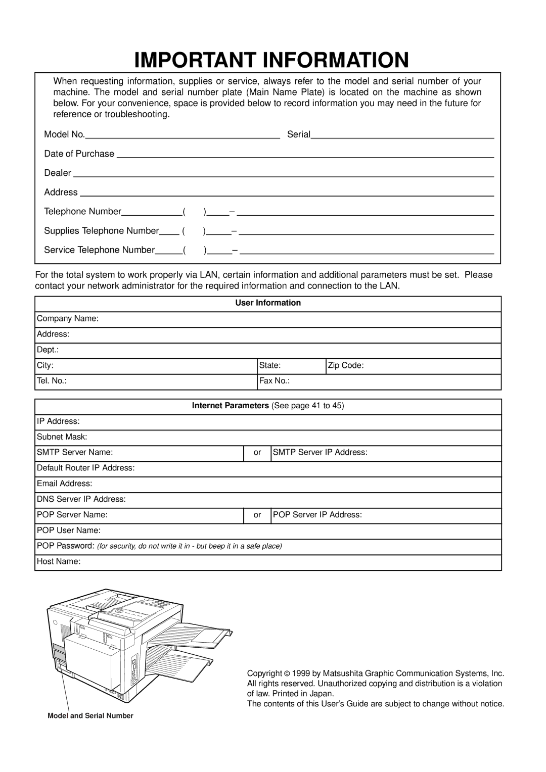 Panasonic DX-2000 manual Important Information 