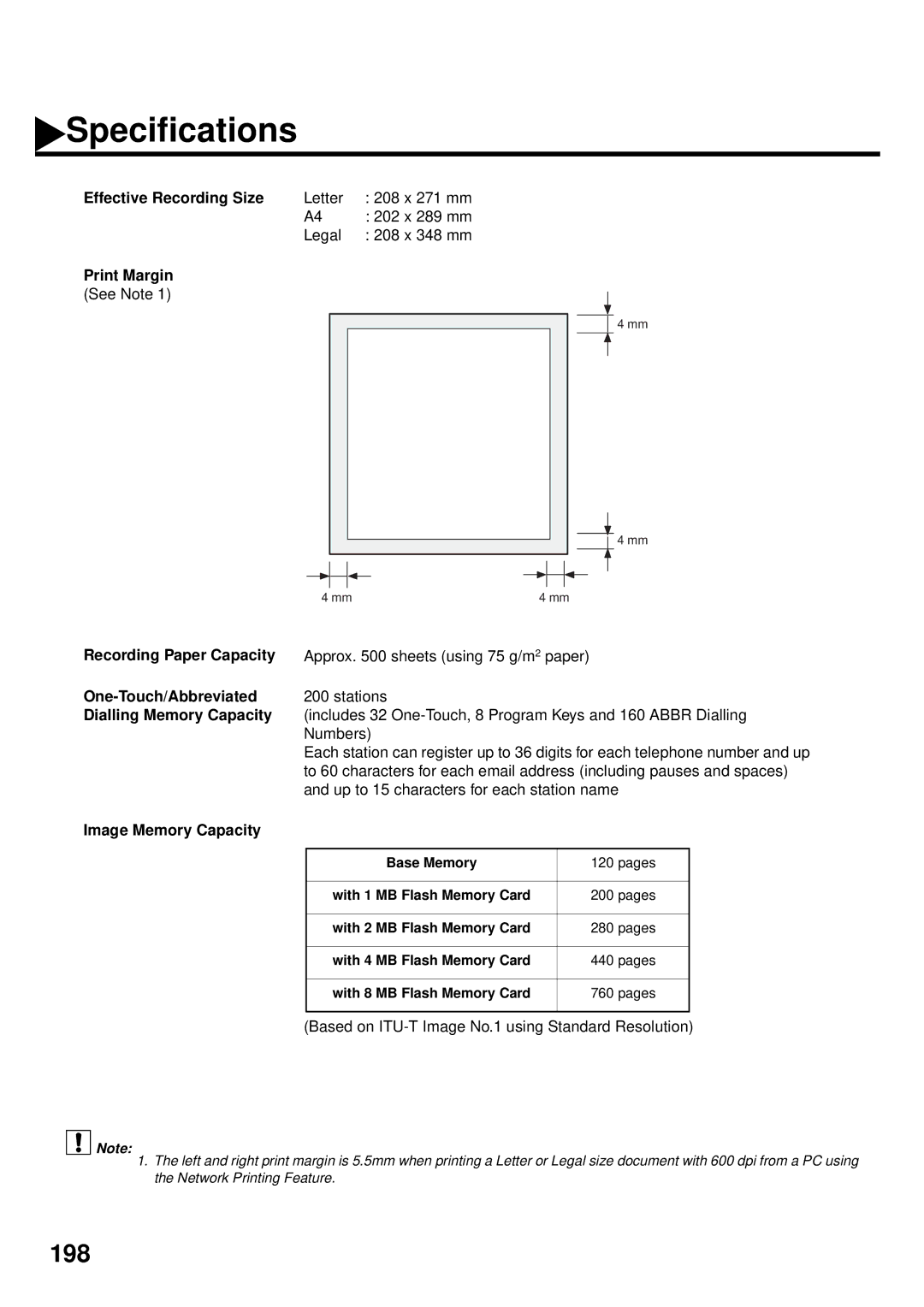 Panasonic DX-2000 manual Effective Recording Size, Print Margin, Recording Paper Capacity, One-Touch/Abbreviated 