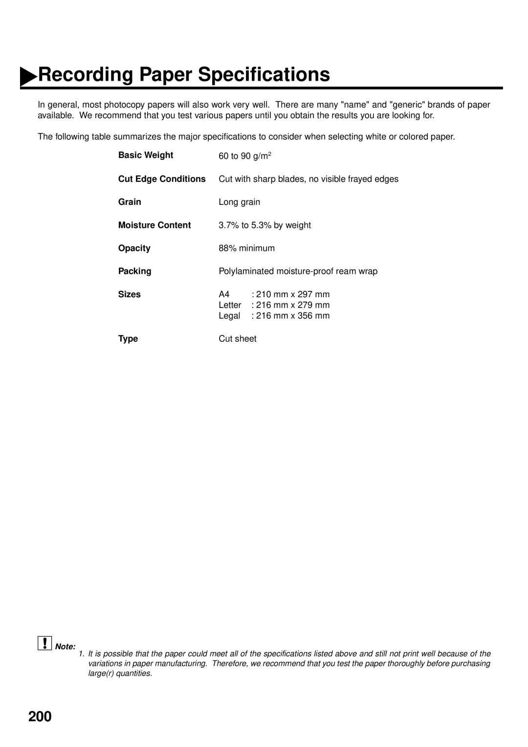 Panasonic DX-2000 manual Recording Paper Specifications 