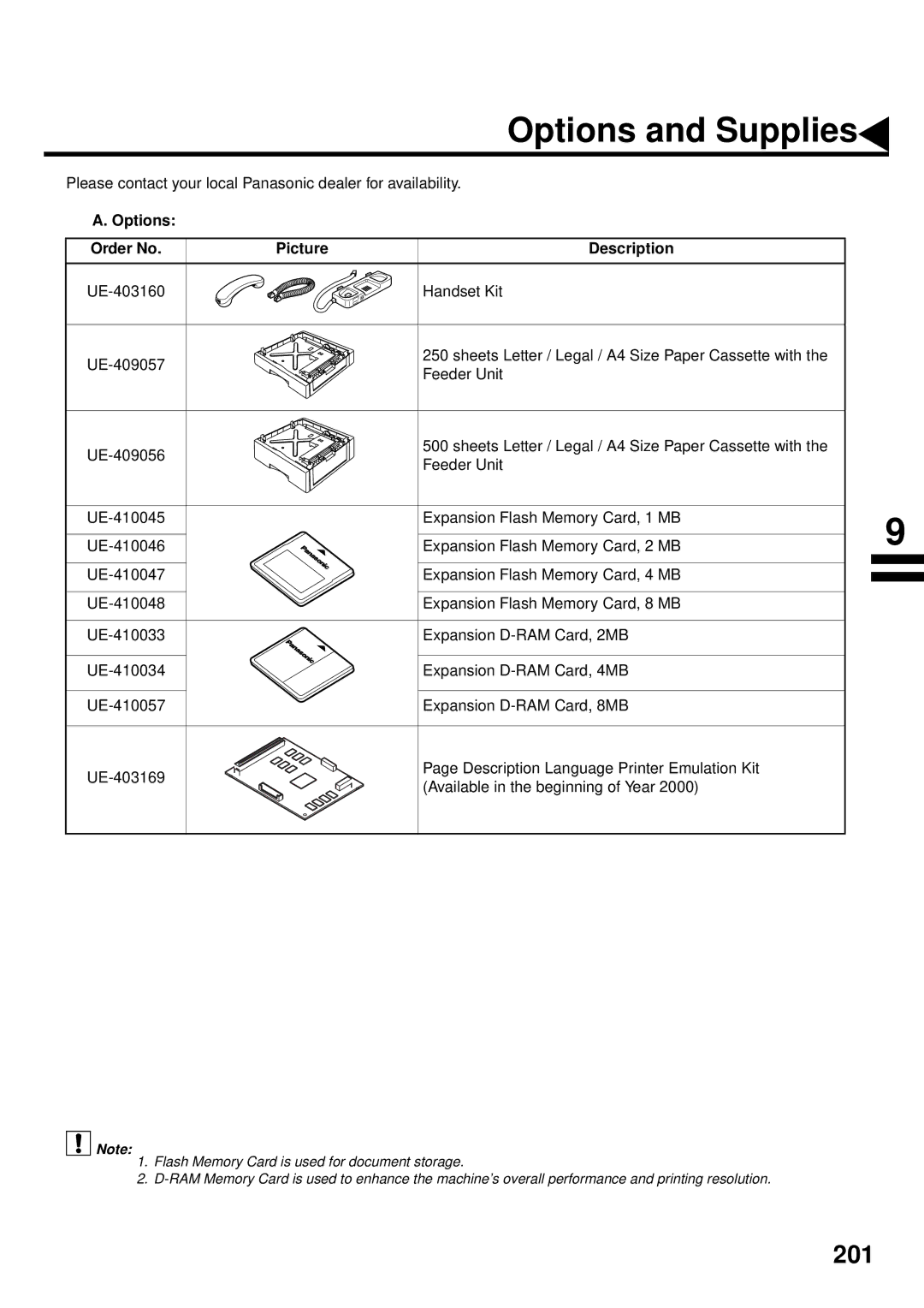 Panasonic DX-2000 manual Options and Supplies, Please contact your local Panasonic dealer for availability 