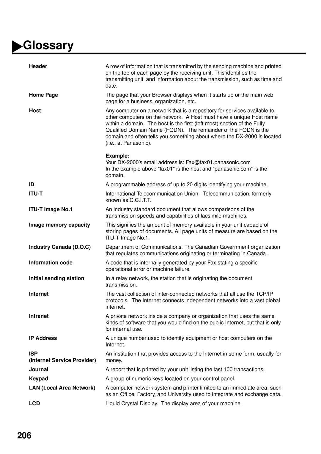 Panasonic DX-2000 Header, Home, Host, Example, ITU-T Image No.1, Industry Canada D.O.C, Information code, Intranet, Keypad 